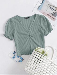 SHEIN mint green ruched cuff puff sleeve lettuce cropped top