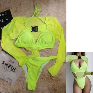SHEIN NEON YELLOW ONEPIECE SWIMSUIT SELFTIE w COVER UP