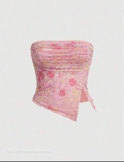 SHEIN Pink Floral Print Ruched Asymmetrical Hem Mesh Tube Top