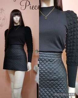 Sold as Set Bnew High-quality Black Puffer Turtle Neck Longsleeves Top + HQ Leather Skirt