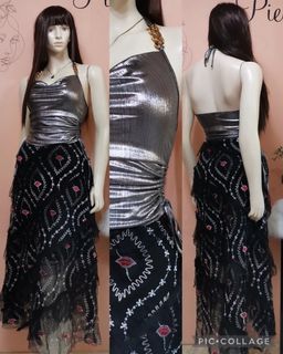 Sold as Set Brand New Silver Mettalic Cowl Neck Chain Strap Ruched Side Top + HQ Lace Embroidery Midi Skirt