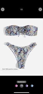 Strapless Halter Printed Bikini Set With Front Tied Detail, Vacation Style For Summer Beach
