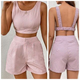Summer Gingham Outfit. Shorts & croptop sleeveless,backless