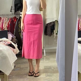 THEVELOUR Cutest Bubblegum Dark Pink Canvas Cotton Midi Skirt with Slits | VinTheLine The Velour Vin The Line | Vintage Retro Y2K 90s Officewear Formal Dressy Preppy Academia Miu