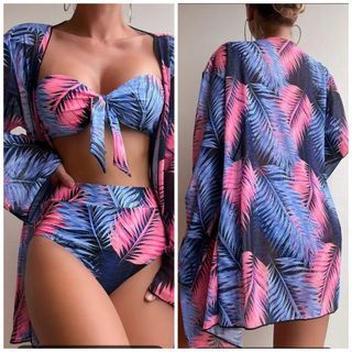 Two Piece Swimsuit & Kimono (Large) Padded Bandeau Tube Bra & High Waist Bikini & Beach Cover up 3pc Tropical print