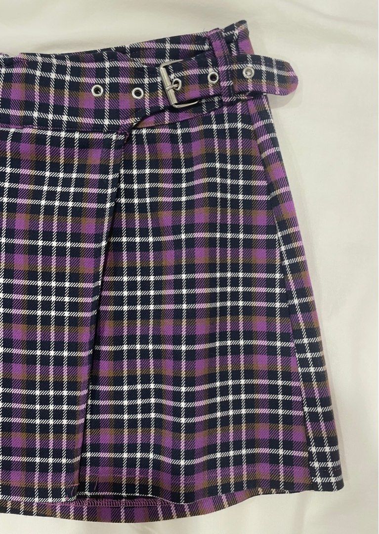 Bershka checked pleated mini skirt in mauve 2025