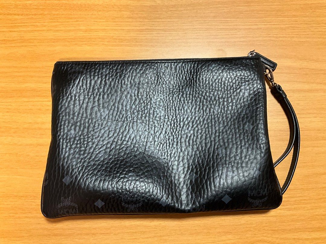 Authentic MCM Wristlet Zip Pouch In Visetos Original Black with Matching ID Card Holder Men s Fashion Bags Belt bags Clutches and Pouches on Carousell