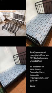 Black Queen size steel heavy duty bed frame with FREE 3 inches Queen size Uratex bed foam