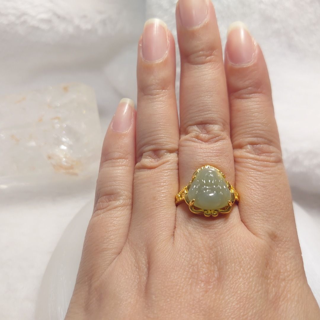 Carved Laughing Buddha Nephrite Jade Crystal Ring in Adjustible Gold Plated Setting Women s Fashion Jewelry Organisers Rings on Carousell