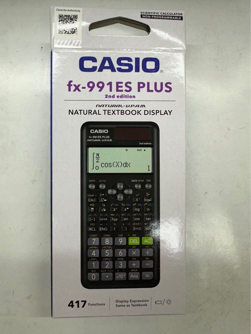 Casio Calculator FX-991ES PLUS 2nd Edition (Category: Office & Business Technology) located in Manila. Submitted by seikowatchfactory (Listing ID 1304214994, Image 1). Description: Brand New in Box Authentic Casio Calculator 10/10 Model: FX991ES PLUS Price: 1200 pesos Specifications: Size (D x W x H) 161.5 x 77 x 11.1mm Weight: 95g Non Programmable Non Graphing Number of Functions: 417 Number of digits: 10 + 2 digits Natural textbook display Dot 