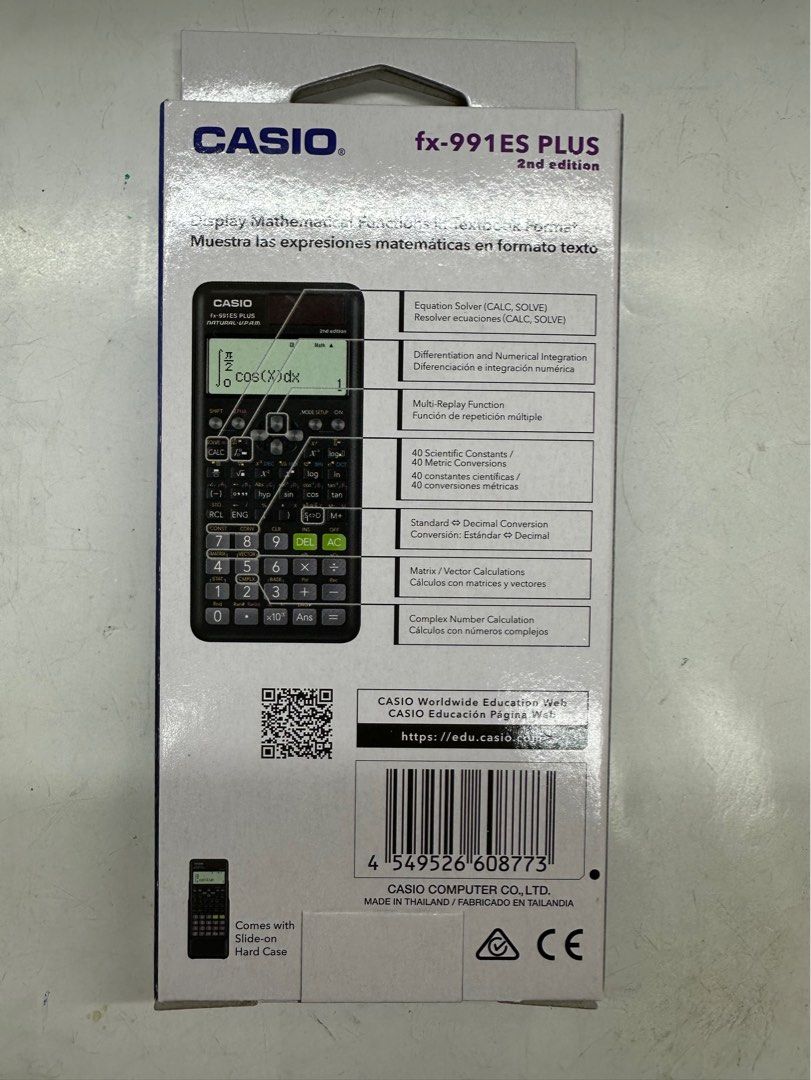 Casio Calculator FX-991ES PLUS 2nd Edition (Category: Office & Business Technology) located in Manila. Submitted by seikowatchfactory (Listing ID 1304214994, Image 2). Description: Brand New in Box Authentic Casio Calculator 10/10 Model: FX991ES PLUS Price: 1200 pesos Specifications: Size (D x W x H) 161.5 x 77 x 11.1mm Weight: 95g Non Programmable Non Graphing Number of Functions: 417 Number of digits: 10 + 2 digits Natural textbook display Dot 