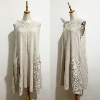 CHERISHH Made in Italy Beige Organic Cotton Lace Slip-On A-line Summer Artisans Dress