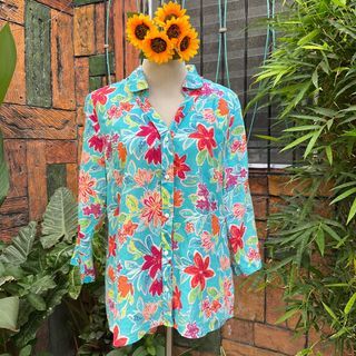 Christian Berg lagenlook pure linen summer top floral resortwear blouse EU42/ US 10/XL - fits XL-XXL Filipina frames