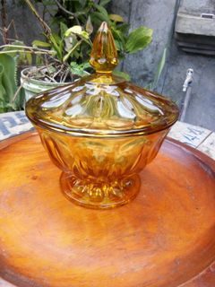 Collectible Vintage Amber Glass Lidded Candy Dish Bowl (Anchor Hocking/Mid-Century)