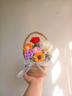crochet flowers in a basket