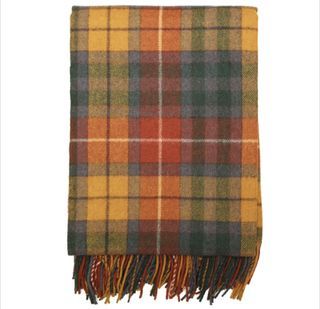HARRODS KNIGHTBRIDGE England Knitted Knit Muffler Fringe Tassel Scarf Scarves Winter Snow Plaid Autumn Colors Wool