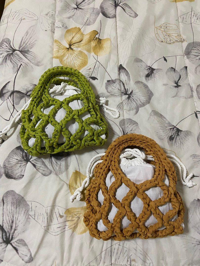 Korean Crochet Net Mini Handbag (only mustard available) (Category: Purses & Pouches) located in Pasig City. Submitted by alyyy26 (Listing ID 1304172391, Image 3). Description: Bought both and have not been used yet just stored at home. Both green and mustard available. Super cute for a pop of color for your outfit. Comes in a drawstring bag inside! These are both handmade from the PH. PM for details..