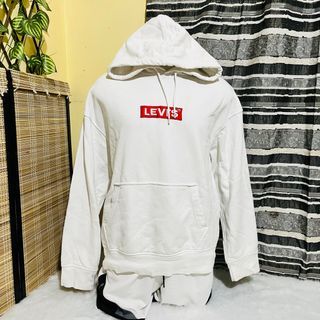 LEVIS MENS WOMENS UNISEX PULLOVER SWEATSHIRT HOODIE JACKET VINTAGE WHITE LARGE 27x28 WITH STAINS