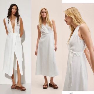 MANGO White Linen Wrap-around Dress