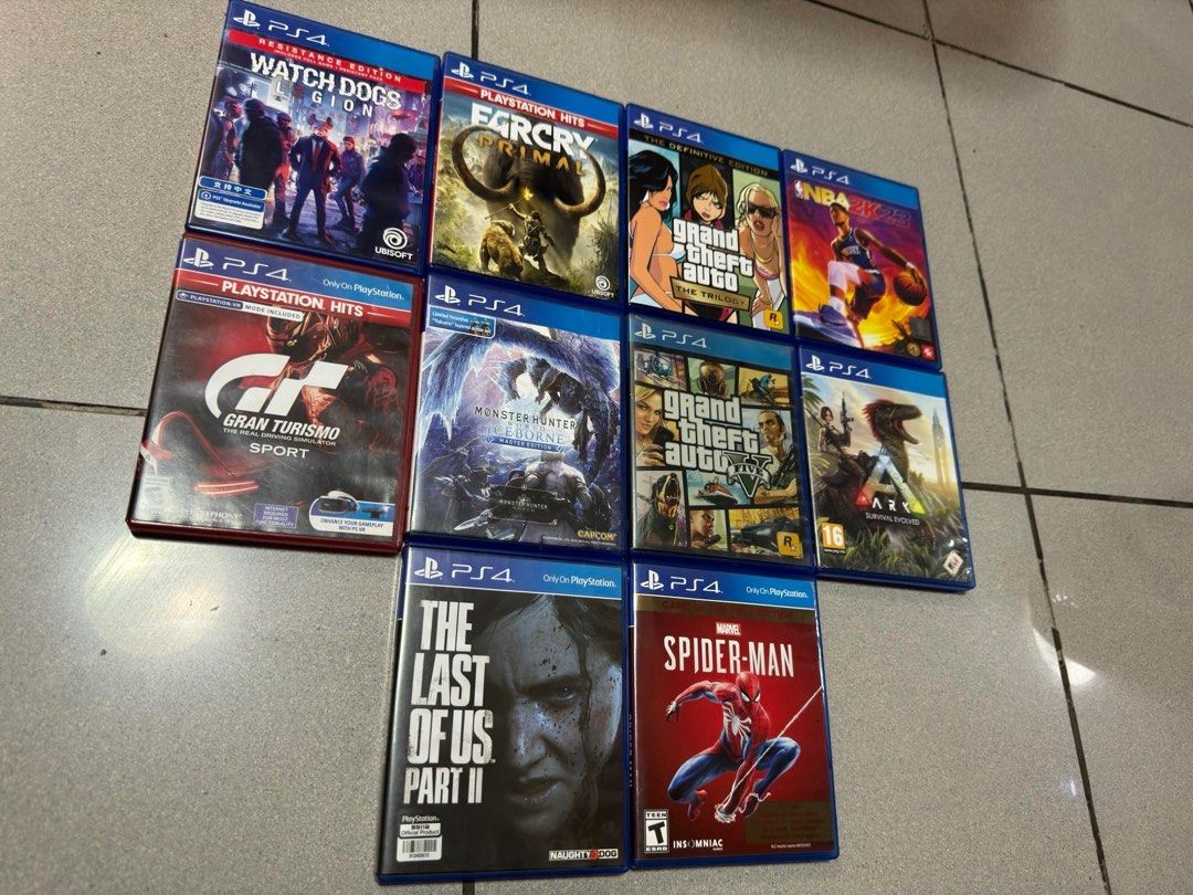 PS4 GAMES (Category: PlayStation) located in Makati City. Submitted by jezreelaguilar (Listing ID 1304192842, Image 1). Description: The Last of us = 1000!(sold) Spiderman = 1000 Monster Hunter = 800 Gta 5 = 800 Watch Dogs = 600 Farcry = 900 Nba 2k23 = 800 Gran turismo sport= 900 Ark = 800 Gta San andreas Trilogy: 900.