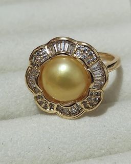 Rare natural yellow 11mm pearl flower ring with cubic zirconia.