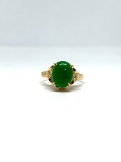 Real K18 Yellow Gold Rare High Ring Setting Emerald Jade with Natural Earth Mined Diamonds •