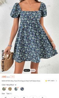 SHEIN  Ditsy Floral Print Square Neck Puff Sleeve dress