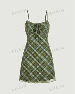 SHEIN Olive Army Green Plaid Tie Front Strap Summer Spring Casual Day Dress