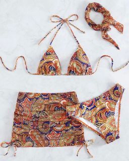 SHEIN Swim Summer Beach Paisley Print Bikini Set Halter Triangle Bra & Bikini & Drawstring Ruched Beach Skirt & Headband 4 Piece Swimwear