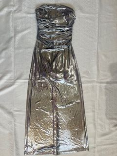 Stradivarius Metallic Silver Ruched Tune Party Prom Gown Dress