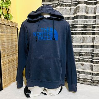 THE NORTH FACE MENS WOMENS PULLOVER SWEATSHIRT HOODIE JACKET VINTAGE NAVY BLUE LARGE 25.5x29 DAMAGED