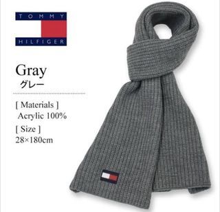 TOMMY HILFIGER Knitted Knit Muffler Fringe Tassel Scarf Scarves Winter Snow Grey Gray Cable Knit