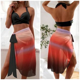Two Piece Swimsuit & Beach Skirt (Large) Black Push up pads & Ombre Bikini & Ombre Cover up Skirt 3pc 3in1