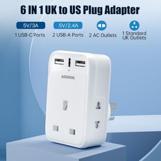 UK to USA or Philippines 6 IN 1 Travel Adapter with 2 USB-A Ports & 1 USB-C Ports(5V/3.4A) and 2 Shaver/Toothbrush Plug Adaptor