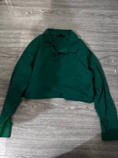 zara green polo cropped longsleeves shirt