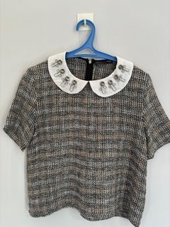 ZARA TWEED BLOUSE WITH PETER PAN COLLAR AND ACCENT S