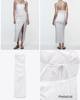 ZARA WHITE LINEN BLEND DRAPED BACKLESS DRESS