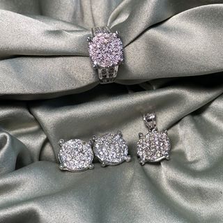 14K White Gold Natural Earth-Mined Diamonds Earrings, Pendant, Ring Set