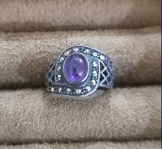Amethyst Cabochon Stone Earrings & Ring on 925 Sterling Silver