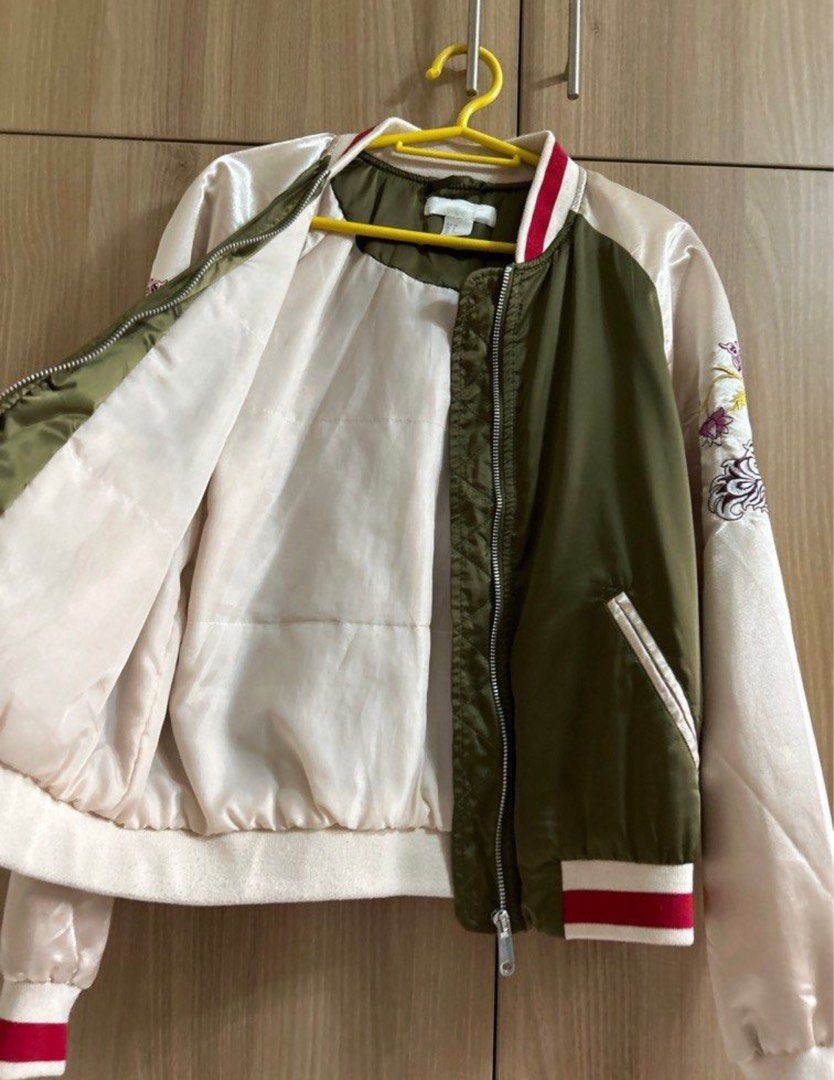 Authentic H&M silk Bomber jacket (Category: Coats, Jackets and Outerwear) located in Cebu City. Submitted by fashionfinds888 (Listing ID 1301230668, Image 2). Description: H&M silk Bomber Jacket Fits XS to S Like new, used only twice .