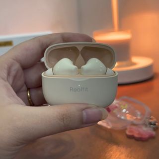 Beige/Cream Realfit F3 Earphones latest Version with box, case Keychain and charging chord brandnew