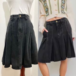 CIDER Black Denim Mid Waist Pleated Midi Skirt