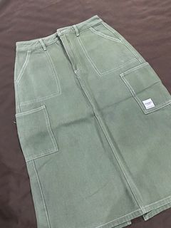 green denim midi skirt with white contrast stitching