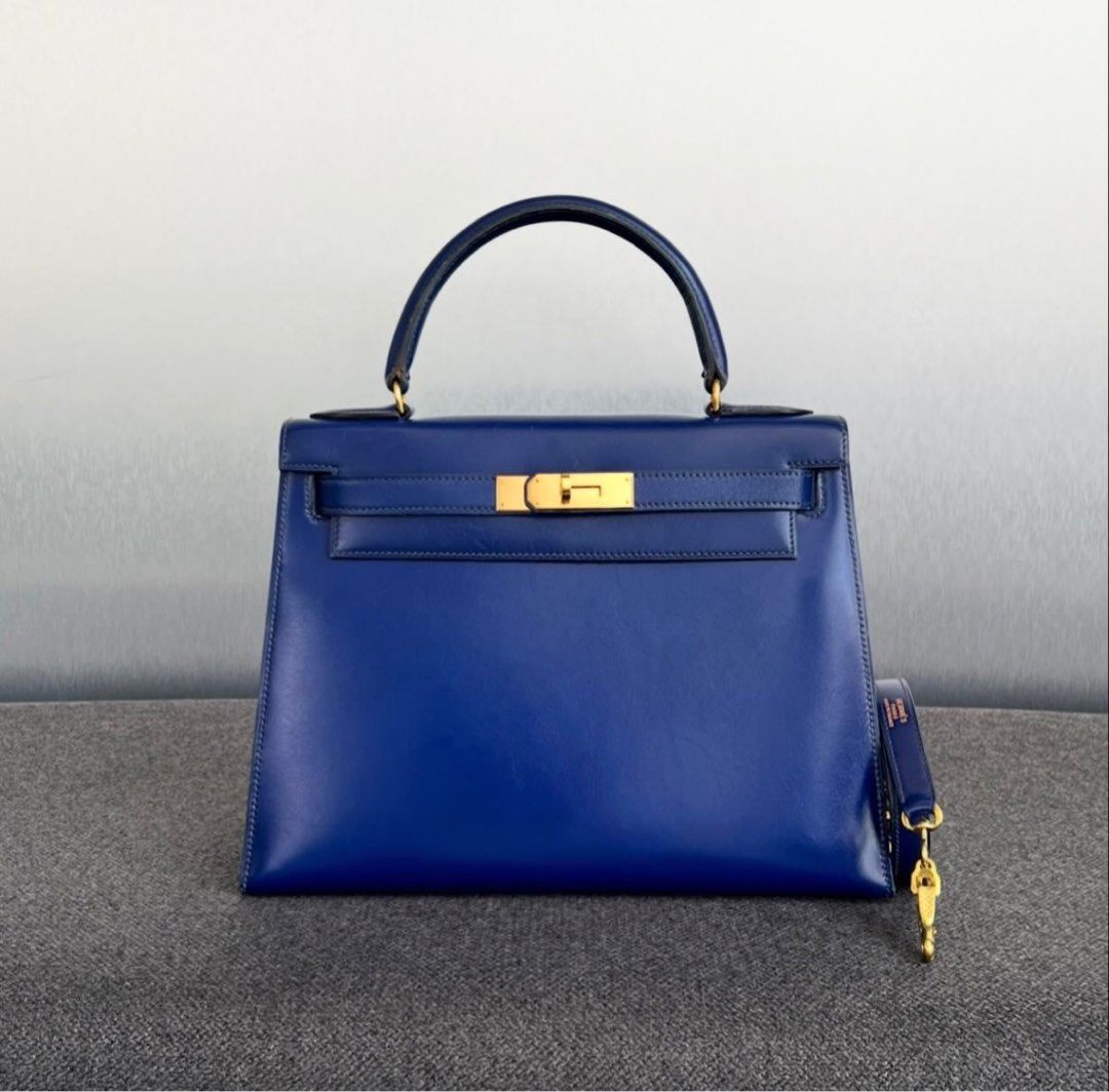 Hermes Vintage Kelly 28 Blue Sapphire Box leather Ghw, Luxury - Main Image