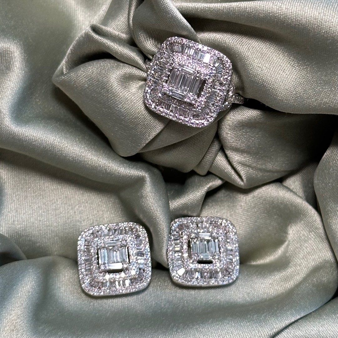 HK Setting 14K White Gold Earrings & Ring Set Natural Earth 