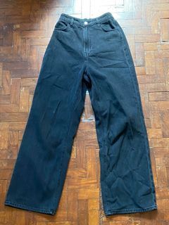 H&M FADED BLACK HIGH WAISTED GARTERED  WIDE JEANS