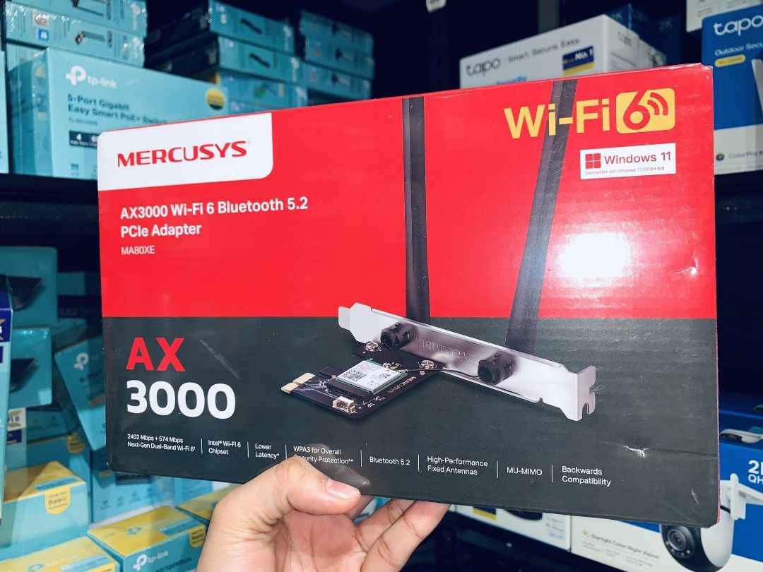 Mercusys AX3000 WiFi 6 & Bluetooth 5.2 PCIe Adapter MA80XE (Category: Networking) located in Makati City. Submitted by techubstoreandaccessories (Listing ID 1301139415, Image 2). Description: Mercusys AX3000 WiFi 6 & Bluetooth 5.2 PCIe Adapter MA80XE Ready for Pick-Up / Same Day Delivery Via Lalamove‼️ DETAILS: ✅ Actual Picture Posted. ✅BRAND NEW, SEALED, & ORIGINAL. ✅7 Days Replacement for Factory Defects and 1year Limited Warranty. (Terms and c