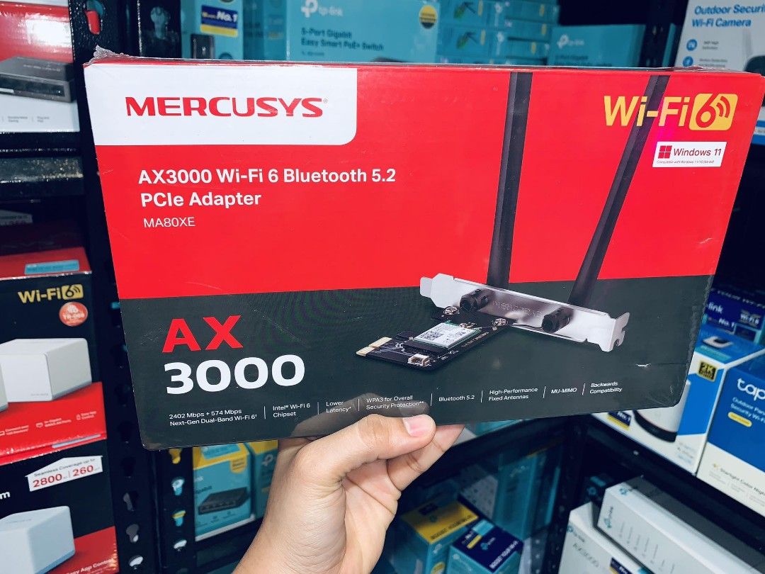 Mercusys AX3000 WiFi 6 & Bluetooth 5.2 PCIe Adapter MA80XE (Category: Networking) located in Makati City. Submitted by techubstoreandaccessories (Listing ID 1301139415, Image 1). Description: Mercusys AX3000 WiFi 6 & Bluetooth 5.2 PCIe Adapter MA80XE Ready for Pick-Up / Same Day Delivery Via Lalamove‼️ DETAILS: ✅ Actual Picture Posted. ✅BRAND NEW, SEALED, & ORIGINAL. ✅7 Days Replacement for Factory Defects and 1year Limited Warranty. (Terms and c