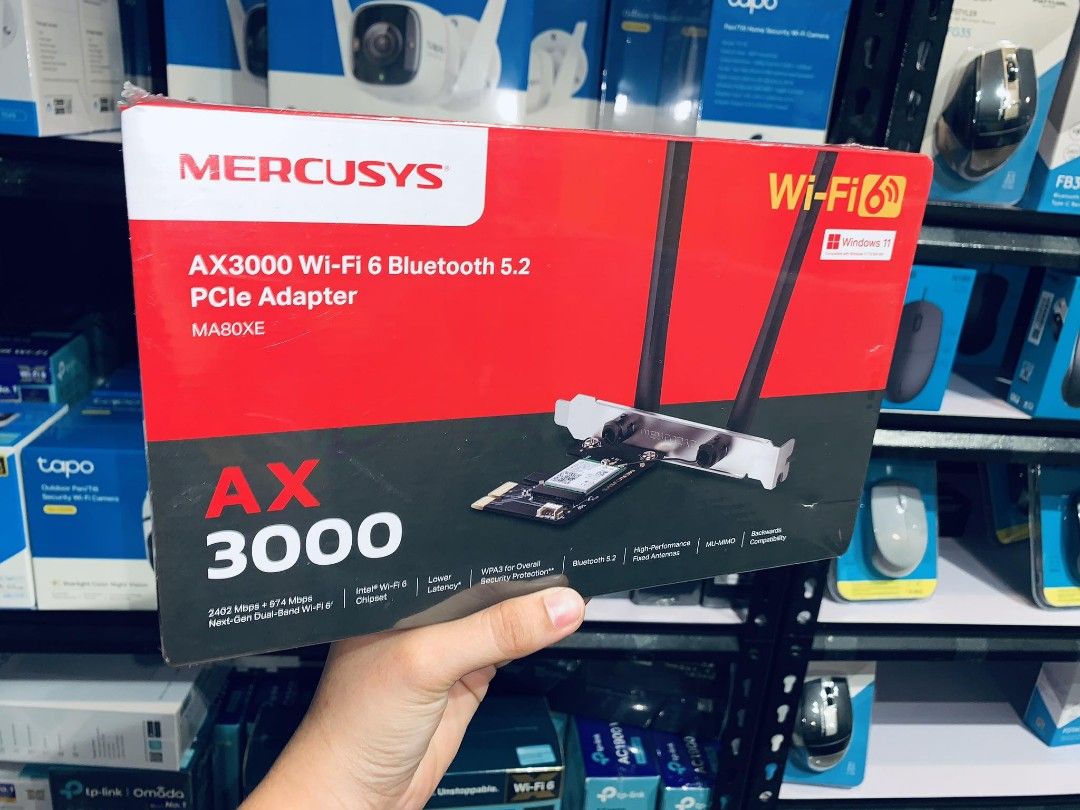 Mercusys AX3000 WiFi 6 & Bluetooth 5.2 PCIe Adapter MA80XE (Category: Networking) located in Makati City. Submitted by techubstoreandaccessories (Listing ID 1301139415, Image 3). Description: Mercusys AX3000 WiFi 6 & Bluetooth 5.2 PCIe Adapter MA80XE Ready for Pick-Up / Same Day Delivery Via Lalamove‼️ DETAILS: ✅ Actual Picture Posted. ✅BRAND NEW, SEALED, & ORIGINAL. ✅7 Days Replacement for Factory Defects and 1year Limited Warranty. (Terms and c