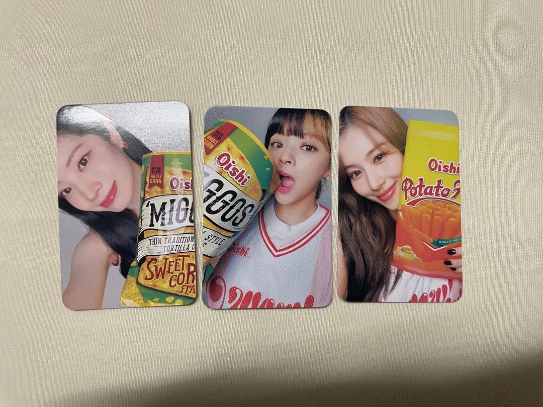 Twice x Oishi Snacktacular PC (Category: K-Wave Merchandise) located in Manila. Submitted by jubimi (Listing ID 1301271311, Image 2). Description: 200 each photocard Available: ✅ 3 Dahyun (2 sold, 1 available) ❌ 2 Momo (sold) ❌ 1 Sana (sold) ❌ 1 Jeongyeon (sold) ❌ 1 Jihyo (sold) .
